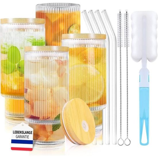 ALINK Lot De 4 Verres Côtelés 530 Ml Avec Couvercle Et Paille - Verres à Café Glacé, Eau, Cocktails, Idéal Cadeau