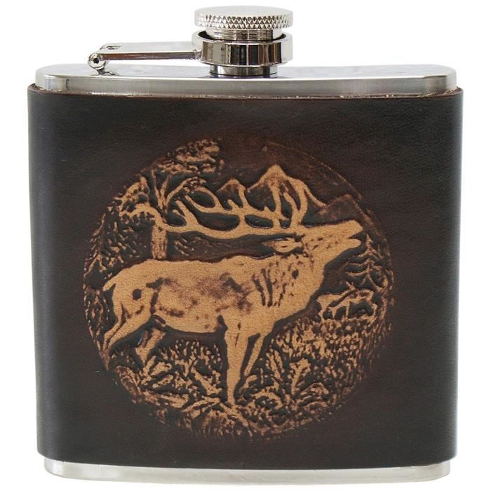 Chasse de Costume Flasque Cerf Wild Chasseurs Flasque en cuir Gourde en acier inoxydable avec gaine de cuir marron estampé main P