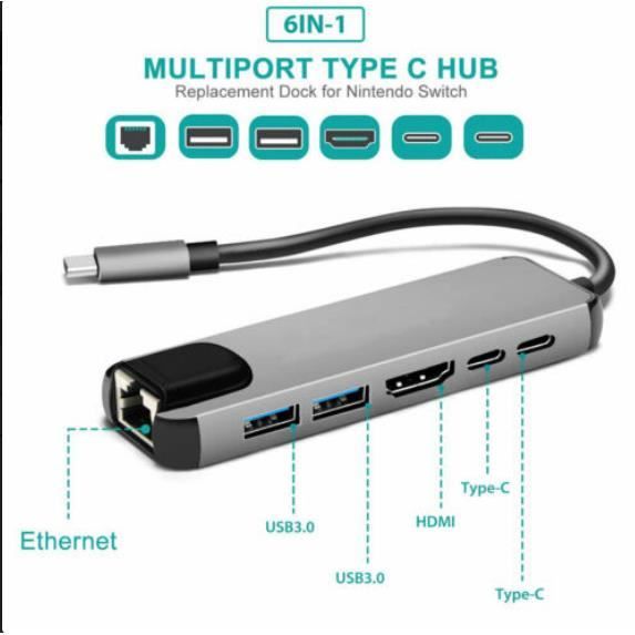 Hub USB-C 6-en-1 Adaptateur multi-port Adaptateur de hub USB Type C Dock avec 4K HDMI RJ45 Ethernet Lan USB Charge