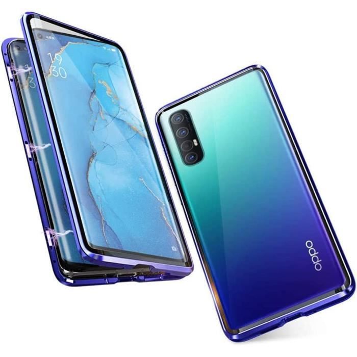 Coque Oppo Find X2 Neo Adsorption Magnétique Antichoc Cover Double c tés Transparent Verre Trempé HBleu