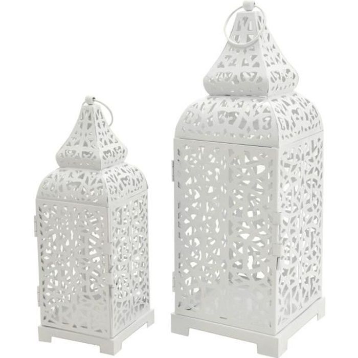 Rebecca Mobili 2 Bougeoirs Lanternes Hall Métal Blanc 39x14,5x14,5