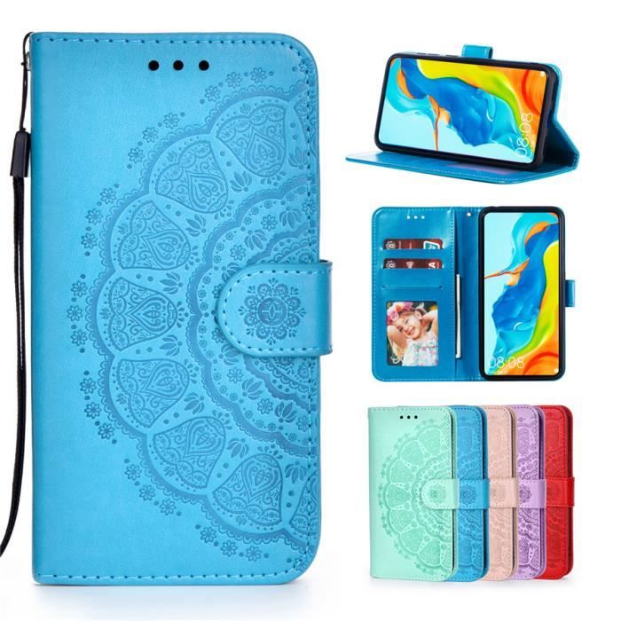 Étui Mandala Xiaomi Redmi 9A, Portefeuille en Cuir Dragonne Porte-Cartes Support Léger Housse Protection, Bleu