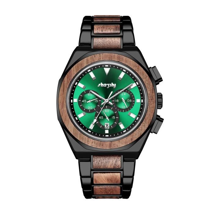Montre homme chronographe marque de Luxe montres en Bois 2021 quartz dateur étanche ,Cadran fantôme d'eau verte