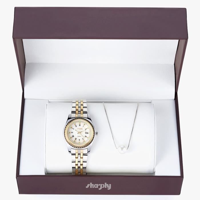 SHARPHY Coffret Montre Femme + Collier de Perle Pendentif , Montres Quartz date étanche blanc , très élégante Bijoux Femme
