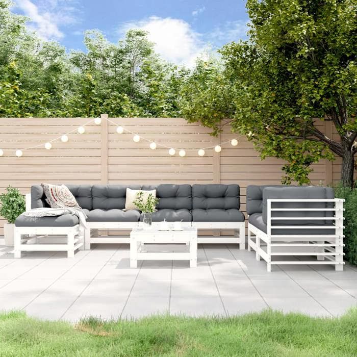 vidaXL Salon de Jardin 8 pcs Canapés avec Repose-pied Ensemble de Meubles avec Table Basse Patio Terrasse Rustique Blanc