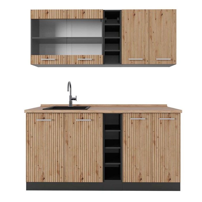 Cuisine Intégrée Vicco R-Line 240 Cm - Chêne Anthracite Brillant (Neuf, Kit Complet)