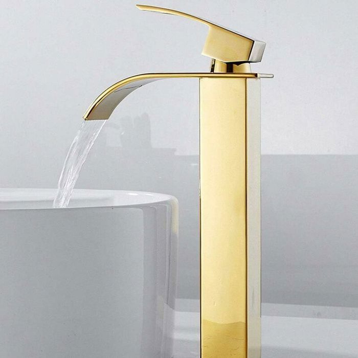 YYV Mitigeur lavabo vasque à poser bec cascade haut chromé/doré monotrou – eau chaude/froide