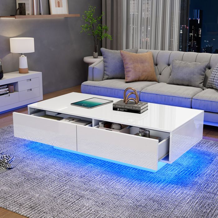 Table basse Moderne avec 2 Tiroirs de Rangement et LEDMeuble de Salon 115x55x34cm Blanc brillant