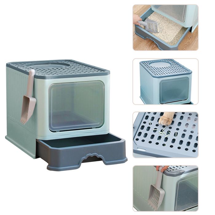 Meilleurs prix pour Toilette sécurisée pour chats-Bac à litière pliable en PP+PS avec pelle à litière-Lavable, facile à nettoyer-Vert bleu foncé