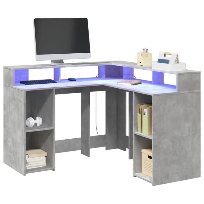 vidaXL Bureau et lumières LED gris béton 130x130x91cm bois ingénierie bureau dordinateur bureau décriture meuble de 3309450