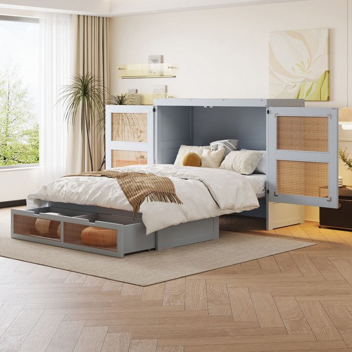 Lit Escamotable 140x200 cm avec Sommier à Lattes Lit Mural avec Tiroirs de Rangement Lit Double en Bois Gris