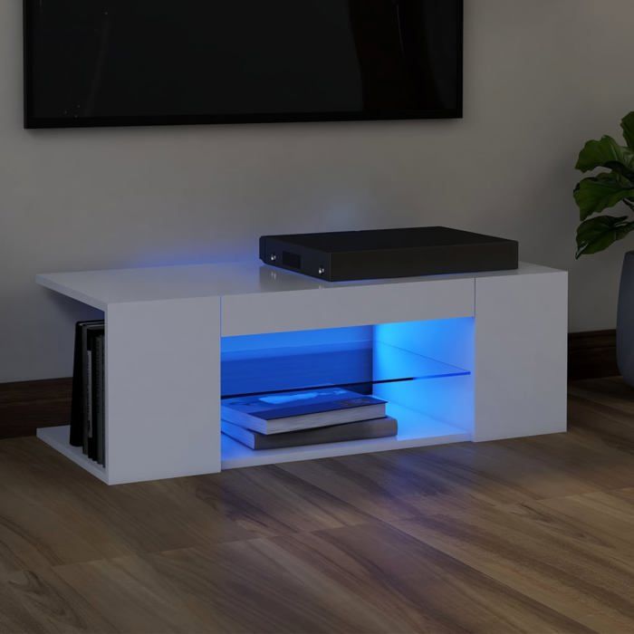 (Blanc)Meuble TV - SIGNOR - Armoire Télévision avec lumières LED Blanc 90x39x30 cm 331982