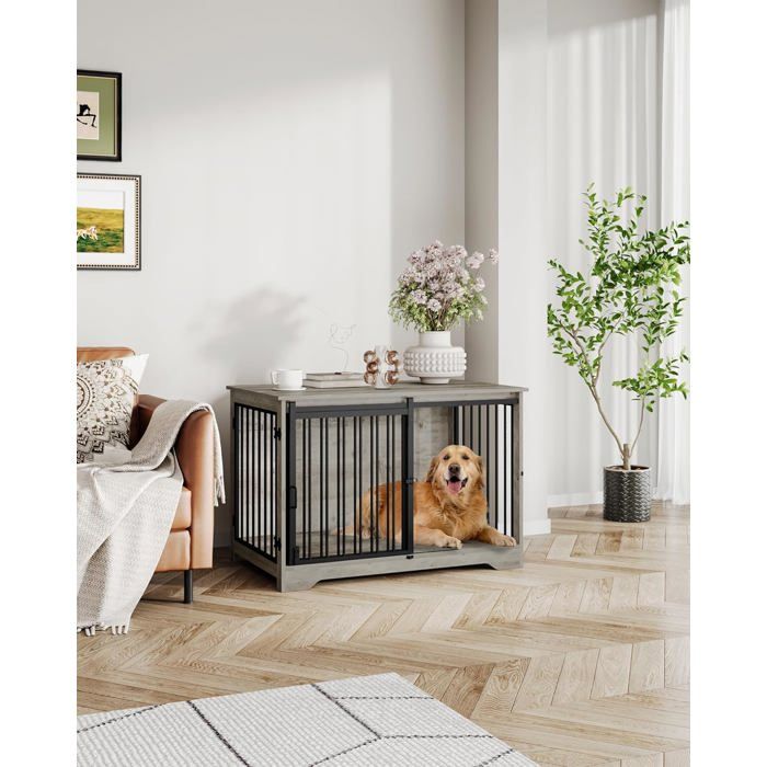 Cage pour Chien 100 cm Meuble Cage Chien Cage Chien Interieur avec Porte coulissante 2 Portes 60 x 100 x 68 cm Ivoire Clair