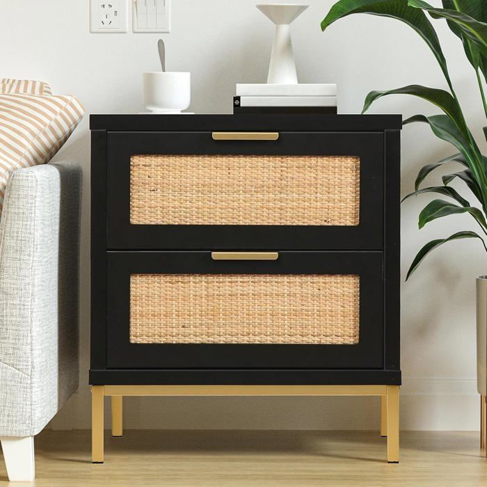 Table de Chevet - ZVVN - Noir - 2 Tiroirs - Rotin Naturel - Design Contemporain