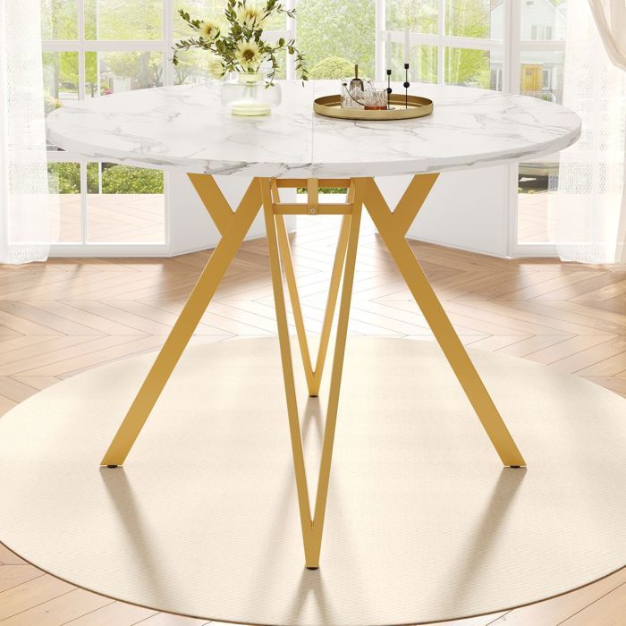 Table à Manger 100 x 100 x 76 cm plateau effet marbre pieds en métal doré rond 4 personnes