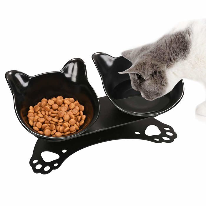 Gamelles pour Chats Inclinable à 15° Double Gamelle Chat SurélevéeAnti-Dérapant Cou de Protection Bols de Nourriture (Noir)