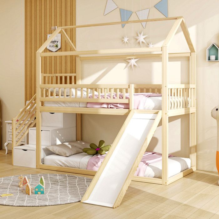 Lit superposé - TRUXEN8 - 90x200 cm - Toboggan - Échelle de rangement - Bois massif