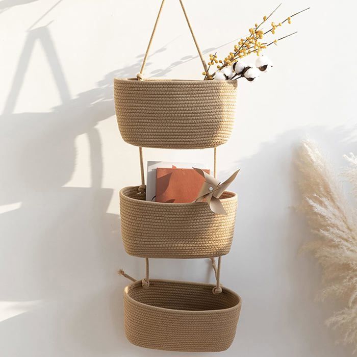 Étagère murale de rangement - tissu en lin - panier suspendu tressé à trois niveaux - convient aux chambres et aux salons