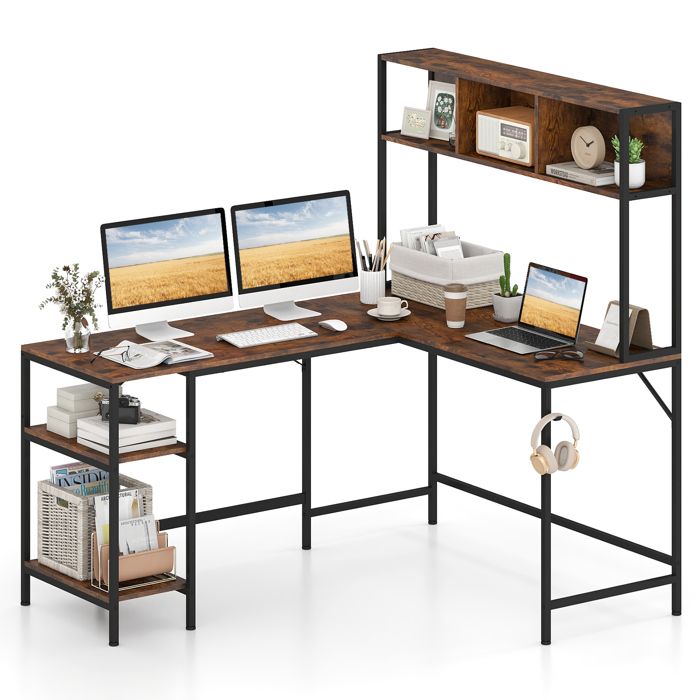 COSTWAY Bureau dAngle en L avec Étagères de Rangement et Accroche-casque Bibliothèque pour Gamer Étude 150 x 120 x 148 cm Marron