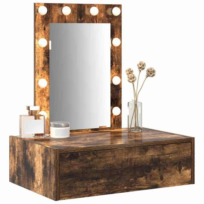 Table de maquillage - vidaXL - 60x40x70 cm - Marron - Bois dingénierie - Tiroir intégré - Miroir plat - Bandes LED