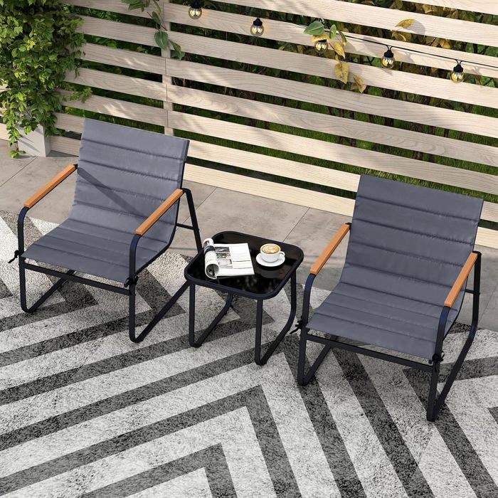 Ensemble Salon de Jardin 3 Pièces COSTWAY Chaises en Tissu avec Coussins Table Basse en Verre Trempé pour Balcon Pelouse Patio