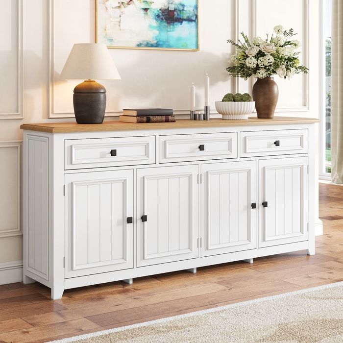 Buffet en moderne - Meuble de Rangement - Quatre Portes - Trois Tiroirs - étagère réglable - Cuisine -Salon- 160x35x76cm