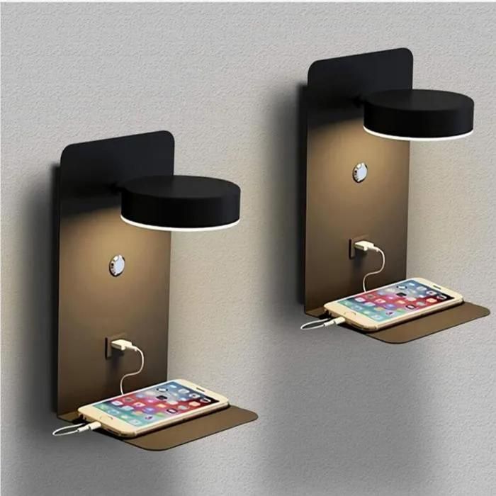2 Pack Applique Murale Intérieur LED avec port USB 12W Tricolore Dimmable Lampe 330° lampe de chevet éclairage Veilleuse Noir