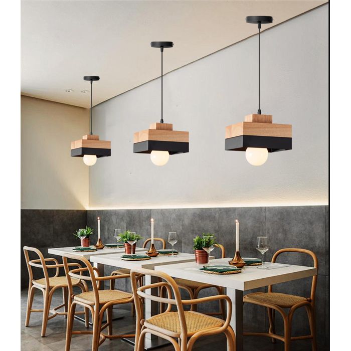 iDEGU 3x Lustre Moderne Industriel Noir 18cm E27 Lampe Suspension Vintage Abat-jour en Bois Design Carre Plafonnier Style Nordique