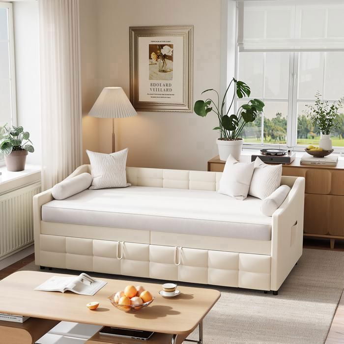 Canapé-lit gigogne 90/180x200 cm extensible beige en velours lit dappoint avec dossier accoudoirs et sommier à lattes