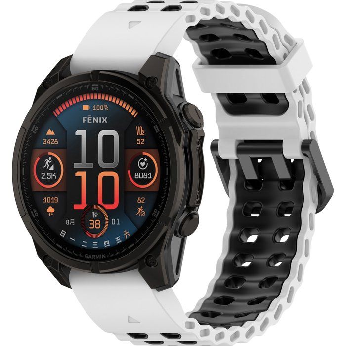 Stravo Bracelet sport silicone vague – Quickfit 22 mm – Garmin Fenix 5–8 Forerunner 945–970 Epix Gen 2 Quatix 7/8 – Blanc/Noir