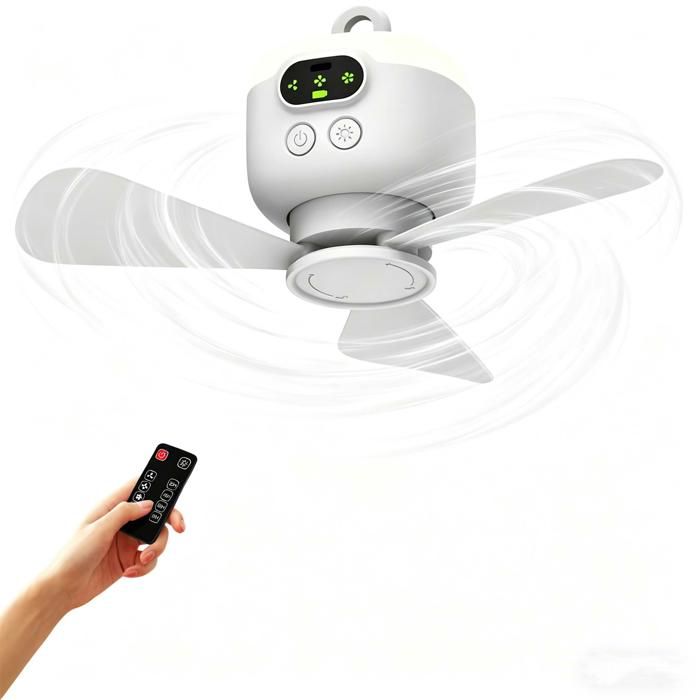 Mini ventilateur de plafond  – 8000mAh – Lampe LED intégrée – Télécommande – Pour tente camping chambre dortoir