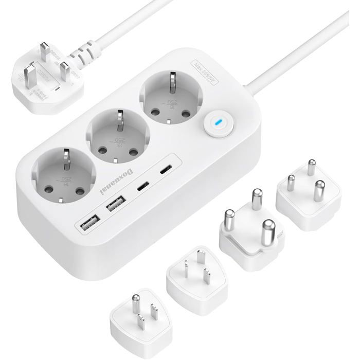 Adaptateur de Voyage InternationalMultiprise 3 Prises avec 4 Ports USB (2 USB-C)Adaptateur de Prise avec câble 15m pour Europe