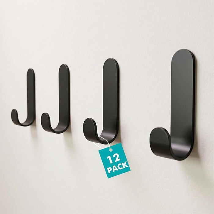 Lot de 12 Crochets Adhésifs Muraux - Patère Salle de Bain Noire en Métal s Perçage - Accroche Serviette Mural