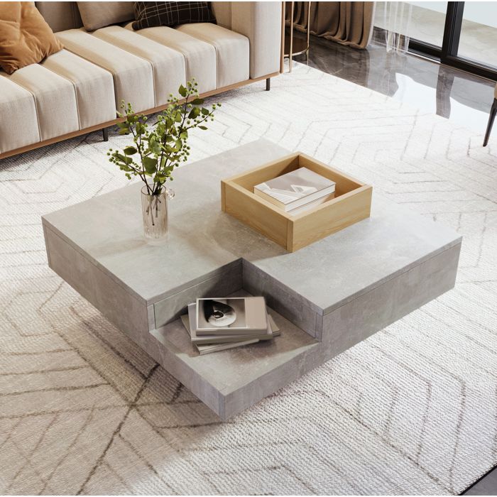 Table basse carrée – Boîte de rangement amovible – Gris béton et aspect bois – 72 x 72 x 30 cm