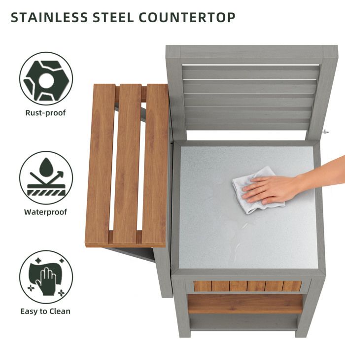 Armoire de rangement extérieure en bois massif 74 x 54 x 149 cm avec plan de travail en inox et 2 étagères