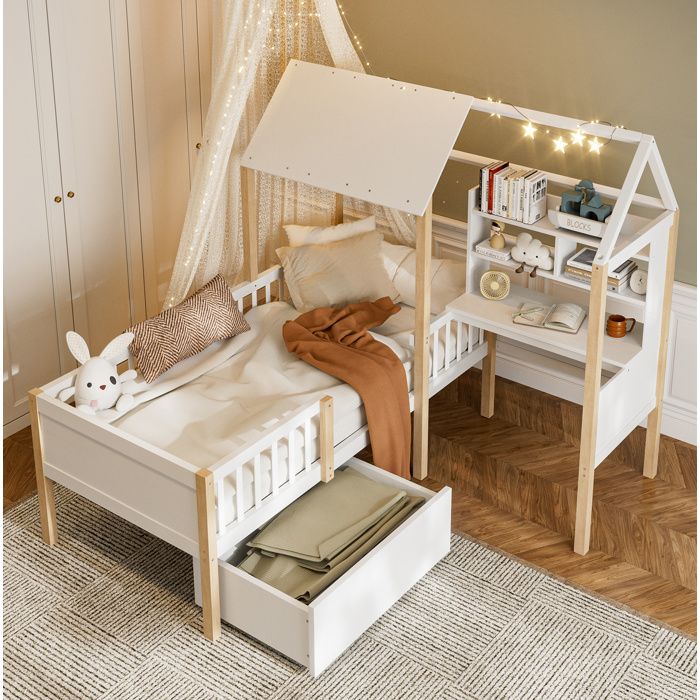Lit combiné enfant 90 x 200 cm en L avec bureau bibliothèque tiroirs et sommier à lattes blanc