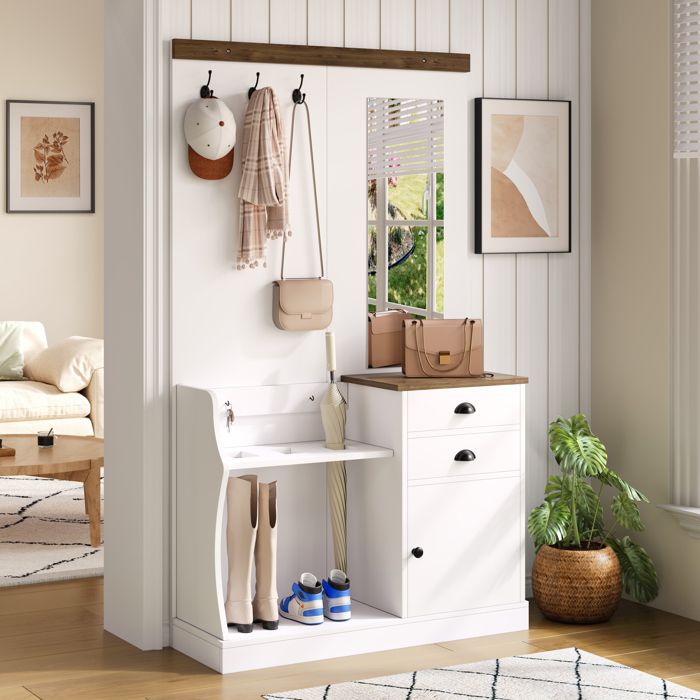COVREO Vestiaire d’entrée avec miroir 2 tiroirs 1 porte porte-parapluie rangement chaussures blanc et bois