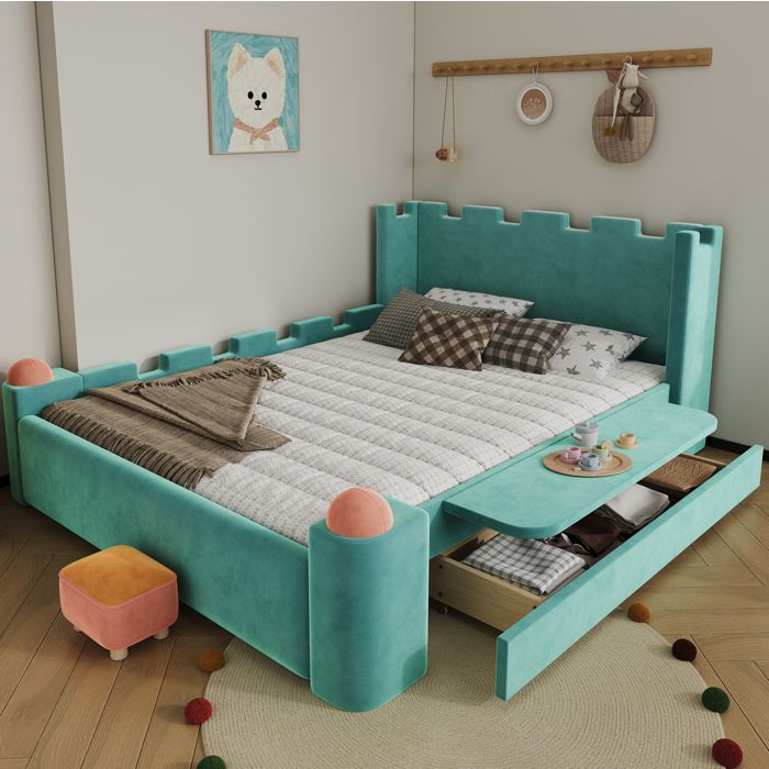 ROVRYN lit enfant rembourré 140 x 200 cm design château bleu-vert avec tablette rabattable et tiroir