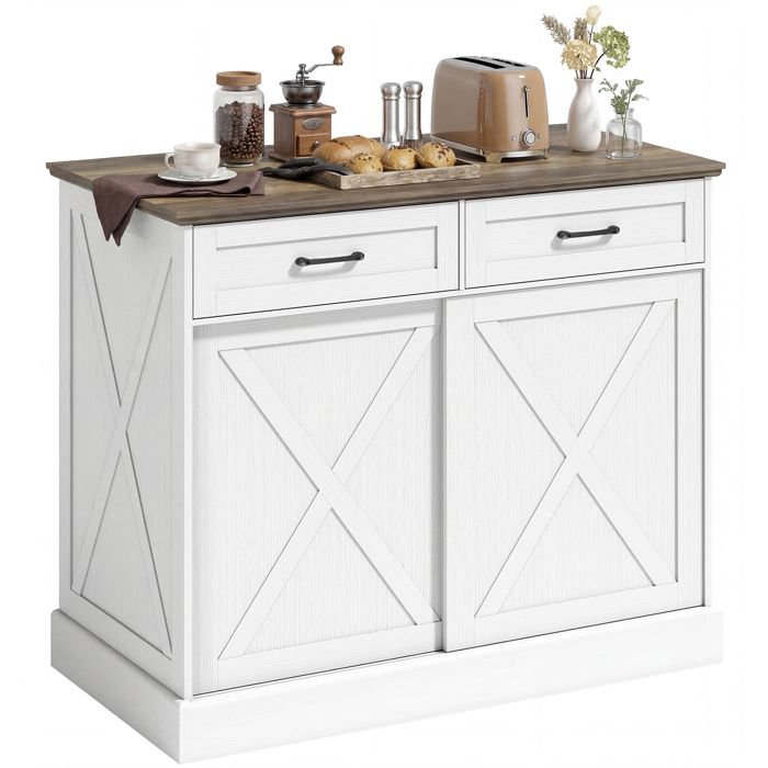 Buffet de cuisine - MINIMAL - Modèle Îlot 106.4x57x92 cm - 2 tiroirs - 2 portes coulissantes - Blanc