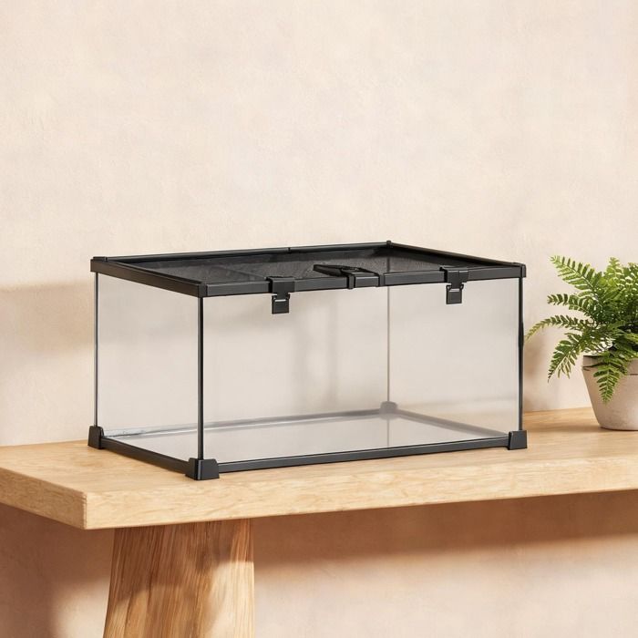 Terrarium en verre 50x30x25 cm avec couvercle coulissant treillis métallique distributeur deau et thermomètre – Noir