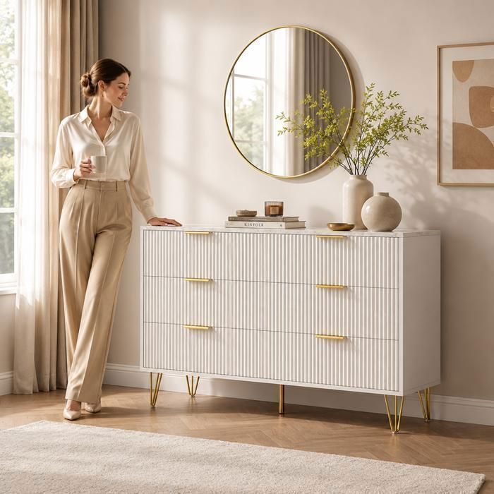 Commode 6 Tiroirs Design Moderne Ondulé 3D Plateau Marbre Poignées Dorées Meuble Rangement Salon Chambre Entrée Blanc
