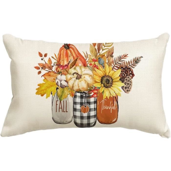 Housse de coussin citrouille d'Halloween, housse de coussin à imprimé citrouilles souriantes en vert et orange, décoration d'Halloween amusante pour canapé, canapé ou banc d'entrée - France