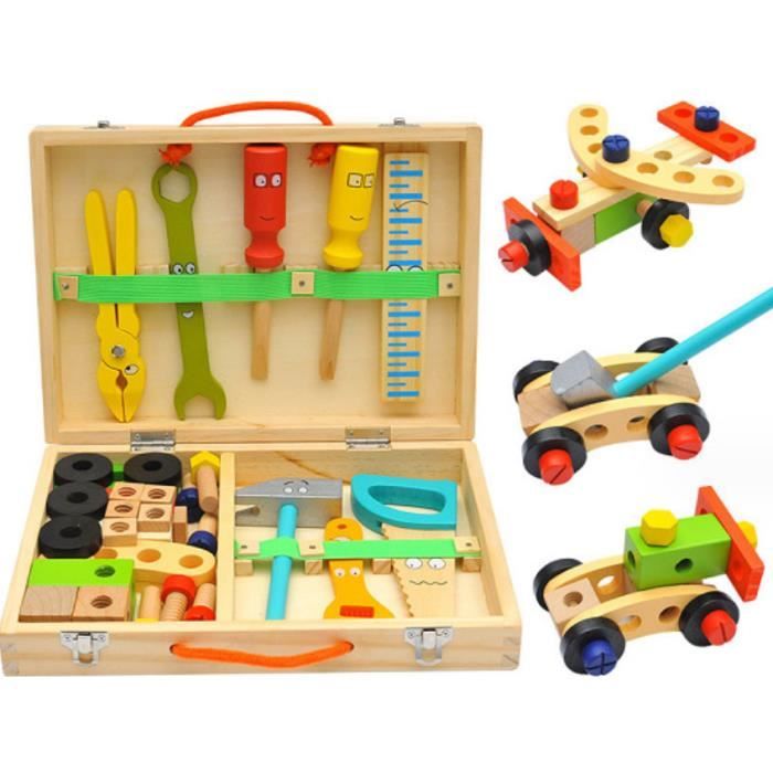 Boîte à Outils En Bois 34 Pièces – Établi Multifonction – Jeu De Construction 3D – Cadeau Éducatif Dès 3 Ans