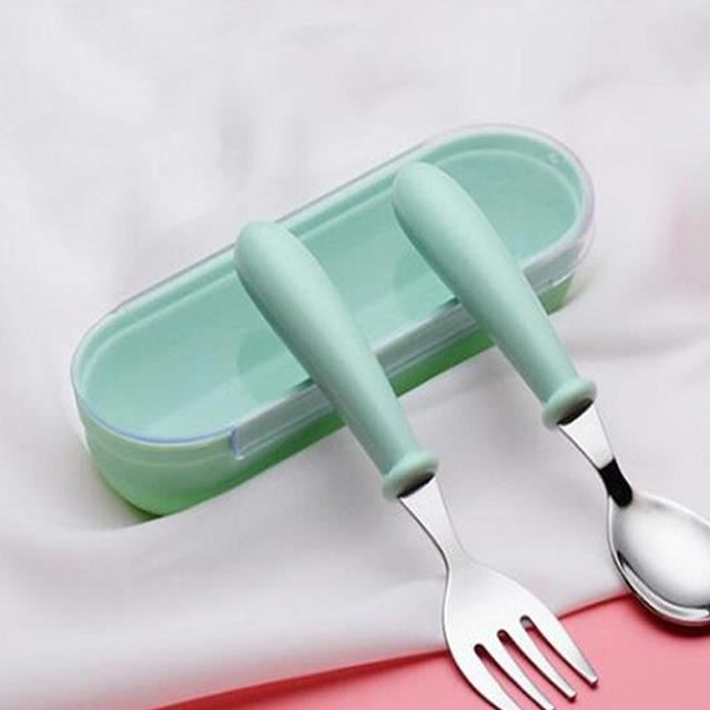 ustensile de sécurité thermique en silicone souple pour l/'apprentissage de l/'alimentation pour petits enfants Bleu Ensemble cuillère et fourchette pour bébé et enfant en bas âge