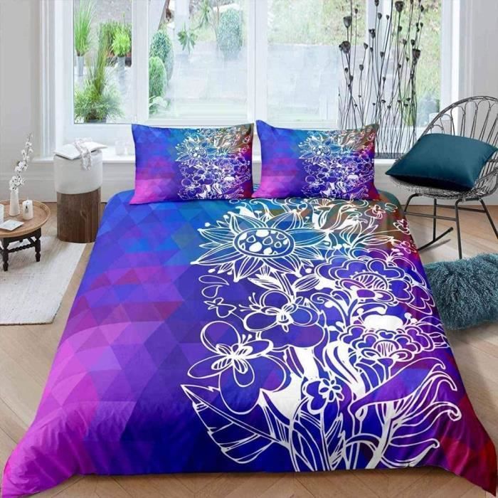 Housse de Couette Fleur Bleue Parure de Lit avec Fermeture Éclair