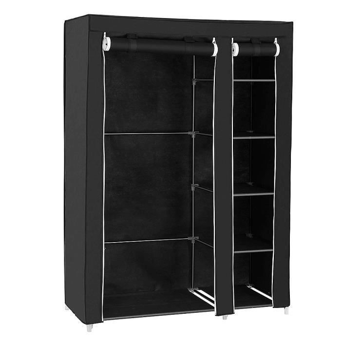 armoire de rangement pliante yis - noir - 2 portes - 5 étagères + tringle à vêtements