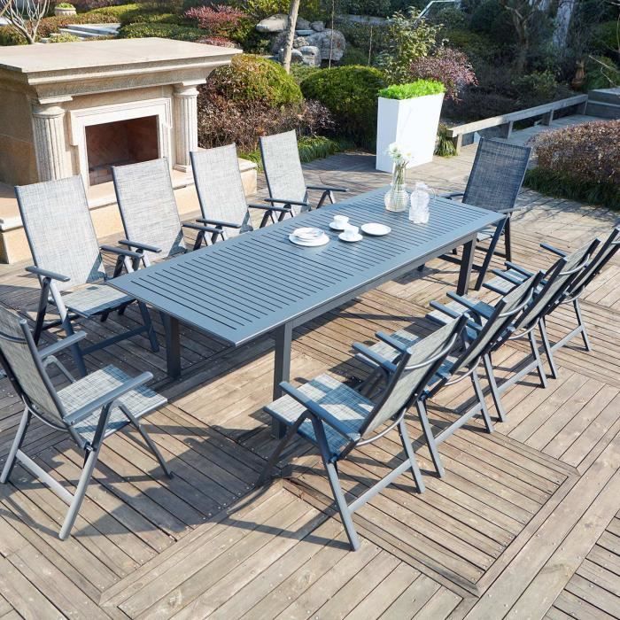 Salon de jardin - 10 personnes - BERANA - Concept Usine - extensible - Aluminium - Table Rectangle - 10 fauteuils - Gris