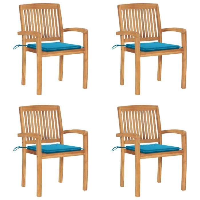 chaises de jardin empilables en teck avec coussins bleus - famirosa - lot de 4 - résistantes aux intempéries
