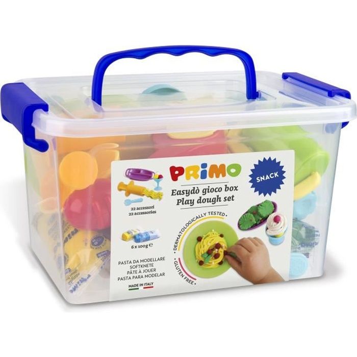 PRIMO - Kit de pâte à modeler et à jouer sans gluten - Mallette avec 6 bâtonnets et 16 accessoires 'snack bar'
