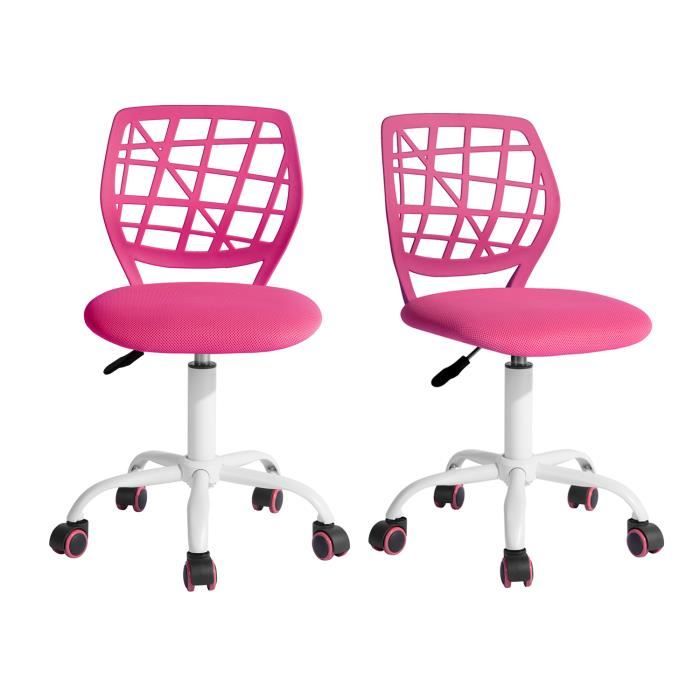 furniturer lot de 2 chaise de bureau adolescents pivotante réglable avec siège en tissu ergonomique, rose